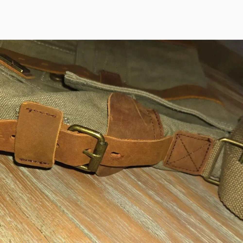 Sechunk Messenger Bag, Military style, leather, canvas, missing front buckles